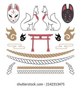 Japanese Traditional Inari Fox Shrine icons and ornaments set