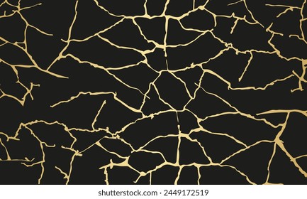 Japanese traditional kintsugi art golden repair cracks background texture isolated on black background. Marble foil pattern with golden cracks foil. Wedding card cover. Vector illustration
