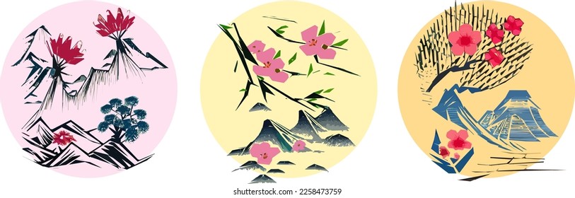 Japanese traditional landscape with mountains and cherry blossoms in a circle. Vector illustration.