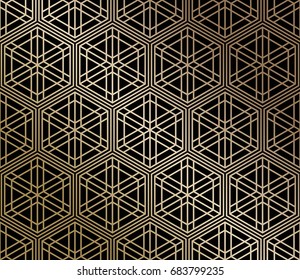 Japanese traditional lattice ornament. Oriental trellis print. Abstract Golden gradient background of intersected shapes in Asian style. Vector Illustration. 