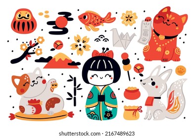 Juguetes de suerte tradicionales japoneses. Símbolos culturales asiáticos. muñeca Kokeshi. Gato de kitsune y maneki neko. Montañas mascotas nacionales. Riquezas y recuerdos de bienestar. Flor sakura