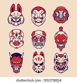 Japanese traditional mask angry demon style vector illustration background.