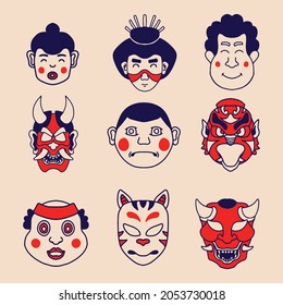 Japanese traditional mask funny style vector illustration background.