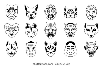 Japanische Kollektion traditioneller Masken. Antike koreanische Maskenelemente setzen Vektorgrafik	
