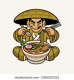 Japanese traditional Men in Straw Hat eating Ramen Noodle