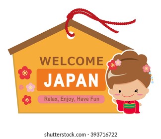 Japanese traditional message board with kimono girl.vector art.