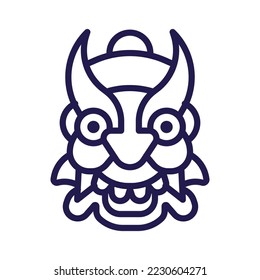 Cara de monstruo tradicional japonesa. Icono de máscara de demonio folclórico asiático en el arte de la línea.