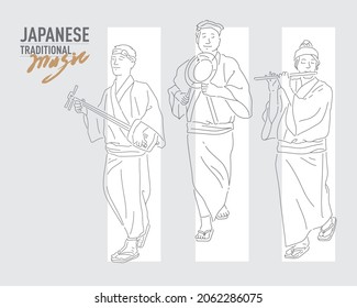 Japanese traditional music performer, line vector illustration