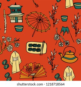 Japanese traditional natioanal symbols doodle colorful icons seamles pattern.