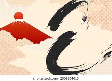 Japanese traditional New Year's greeting card for the year of the Snake 2025,  “ Snake ” in brush strokes and red Fuji at the first sunrise of the year - Translation: Snake.