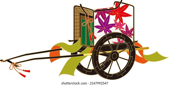 Japanese traditional pattern. Autumn leaves and gosho cart