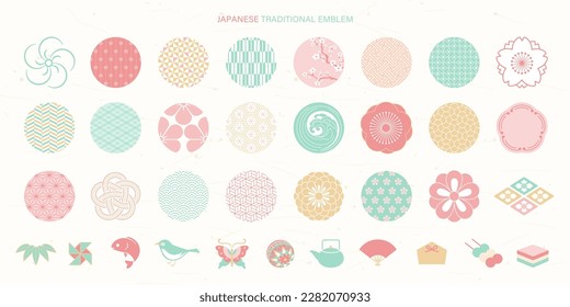 Japanische traditionelle Musterdekorationen und Symbole Sammlung.Frühlingsfarbe. – Stockvektorgrafik