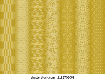 Patrón tradicional japonés. Un conjunto de motivos variados. Ilustración de fondo del vector. Textura de gradiente dorado.