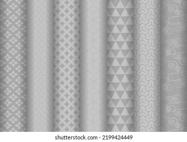 Patrón tradicional japonés. Un conjunto de motivos variados. Ilustración de fondo del vector. Textura de gradiente plateado.