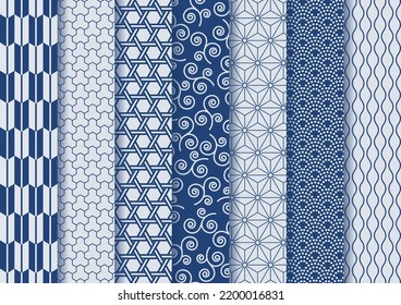 Patrón tradicional japonés. Un conjunto de motivos variados. Azul marino y blanco. Ilustración vectorial.