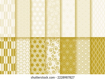 Patrón tradicional japonés. Varios patrones sin costura. Un conjunto de oro y oro claro. Ilustración vectorial.
