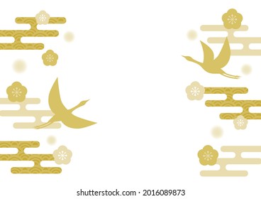 Japanese traditional pattern. Vector background illustration. Cranes, clouds, plum blossoms.