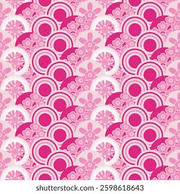 Japanese traditional pattern wave and flowers. Ocean wave and floral. Design for wrapping, textile, print, banner, brochure, label, wallpaper, greeting card, home decor
