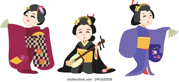 Japanese traditional performing arts. Sing geisha, dance geisha, dance maiko