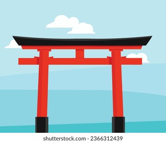 Puerta del torii rojo tradicional japonés sobre fondo azul del cielo con nubes. Ilustración vectorial del hito de Itsukushima