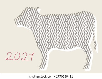 Japanese traditional  retro style illustration of Ox vector new year postcard design 
