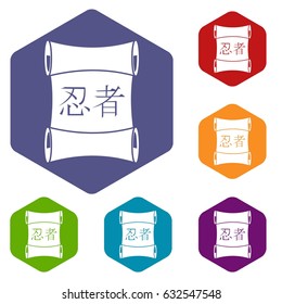 Japanese traditional scroll icons set hexagon isolated vector illustration
