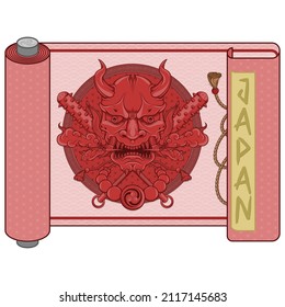 Japanese traditional scroll vector design with Demon Oni in hannya style