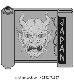 Japanese traditional scroll vector design with Demon Oni in hannya style