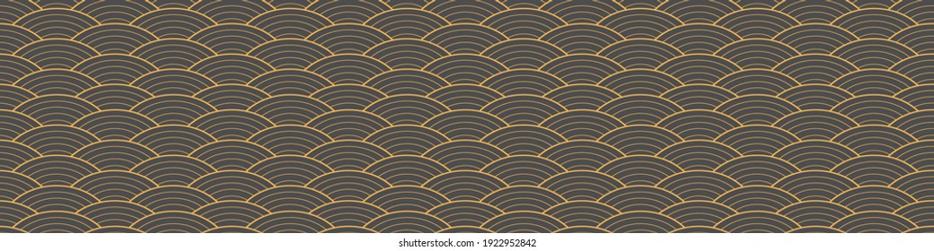 Japanese traditional seamless pattern with outline waves on gray background. Horizontal border with oriental ornament. Vector illustration.
