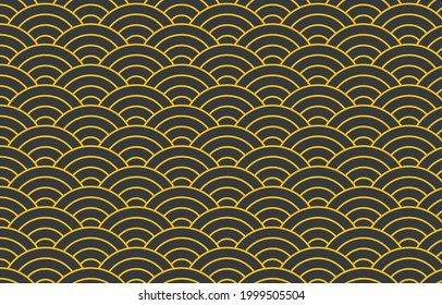 Japanische Traditionelle Nahtlose Muster. Wellengelb auf blauem Hintergrund. Design für Gewebe, Druck, Produkt, Fliesen, Verpackung, Tapete, Kleidung, Umhüllung.Vektorgrafik 