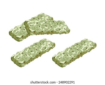 Japanese Traditional Snack, Green Tea Kaminari-okoshi Made From Crispy Rice Mixed with Sugar and Peanuts Pressed Down into A Flat Shape and Cut into Squares.  