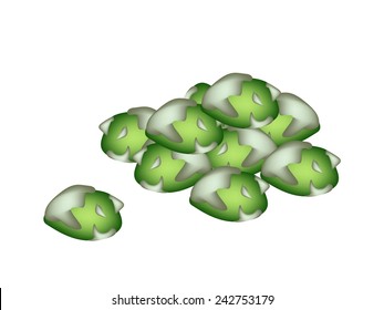 Japanese Traditional Snack, Illustration A Pile of Coated Green Peas in Wasabi Flavor Isolated on White Background. 