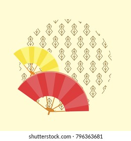 Japanese traditional striped fans of yellow and red colors and ethnic pattern in circle isolated cartoon flat vector illustration on beige background.