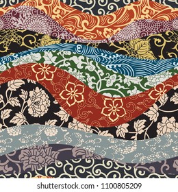 Papel tapiz de tela tradicional japonés, ondas vectoriales florales abstractas fondo de patrón sin fisuras