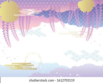 Japanese traditional style frame with wisteria flowers, cloud and  patterns