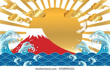 Japanese traditional style with Fuji mountain and wave pattern. Nature art background with Fuji mountain forest template in oriental style. Traditional Chinese wave and sunrise. Vector illustration