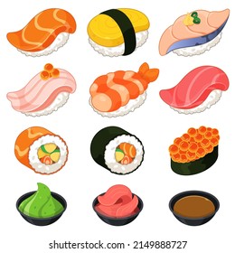 Japanese traditional sushi nigiri set. Sushi rice collection illustration vector. (fish, salmon, fried egg, egg, tamagoyaki, omelet, egg, saba, mackerel,  squid, octopus, prawn, shrimp, tuna, crab sti