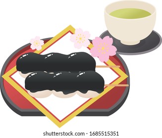 Japanese traditional sweets Goma Dango,Sesame dumpling and Japanese tableware plate Obon and cherry blossoms and green tea