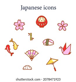 Japanese traditional symbol vector icons colored with outlines.