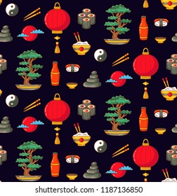 Japanese traditional symbols doodle colorful seamless vector pattern