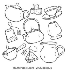 Japanese traditional tea ceremony icons set. Green matcha teapot, tea bag, sugar, cup vector illustration. Matcha tea