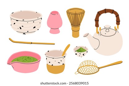 Japanese traditional tea ceremony icons set, including green matcha powder, tools, whisk, bowl, spoon, and teapot. Flat cartoon vector illustration