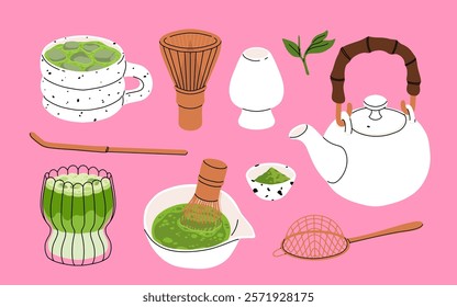 Japanese traditional tea ceremony icons set, including green matcha powder, tools, whisk, bowl, spoon, and teapot. Flat cartoon vector illustration