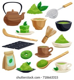 Ícones de cerimônia de chá tradicional japonês conjunto incluindo ferramentas em pó matcha verde batedor tigela colher bule ilustração vetorial