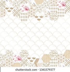 Japanese traditional template. Cherry blossom icons vector. Geometric pattern with nature element background. Cherry blossom flower, plant, wave and bamboo decoration wrapping paper.