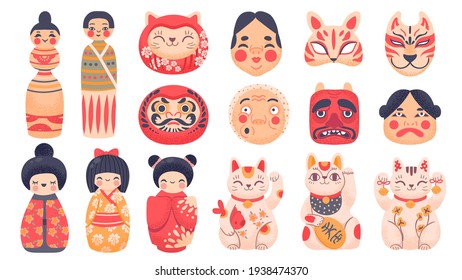 Japanese Traditional Toys. Daruma, Kokeshi Dolls, Maneki Neko Lucky Cat And Mask From Japan. Cute Cartoon Asian Culture Symbols Vector Set