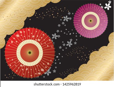 Japanese traditional umbrella with cherry blossom Spring background. 