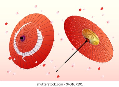 Japanese traditional umbrella with cherry blossom Spring background. Vector illustration