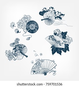 japanese traditional vector illustration set funs and flowers peony lily sakura