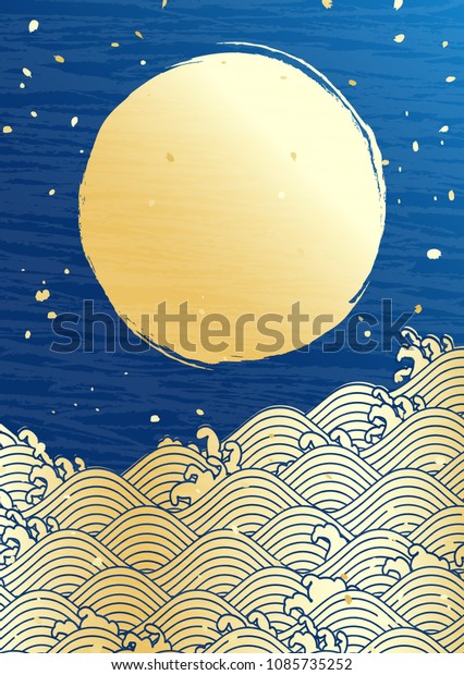 Japanese\
traditional wave pattern and full\
moon